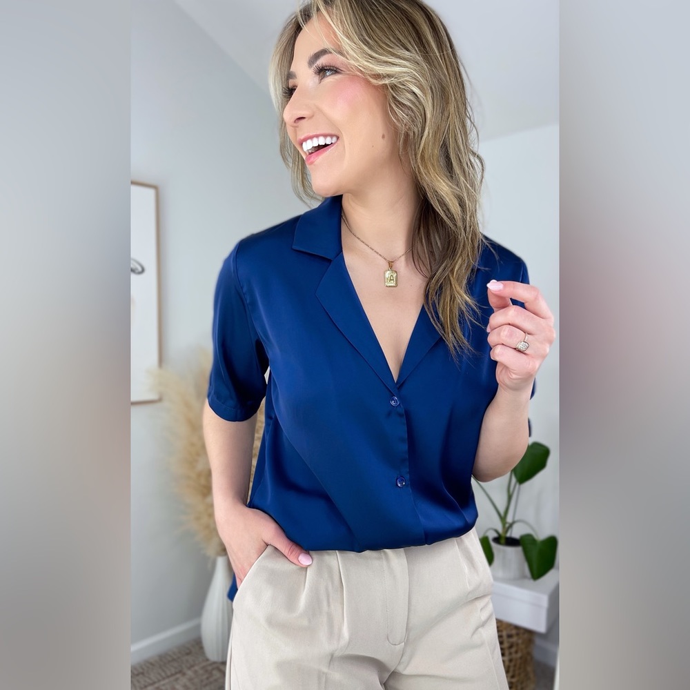 Amazon Chigant Short Sleeve Casual Satin Button Down Blouse, Small, Navy Blue